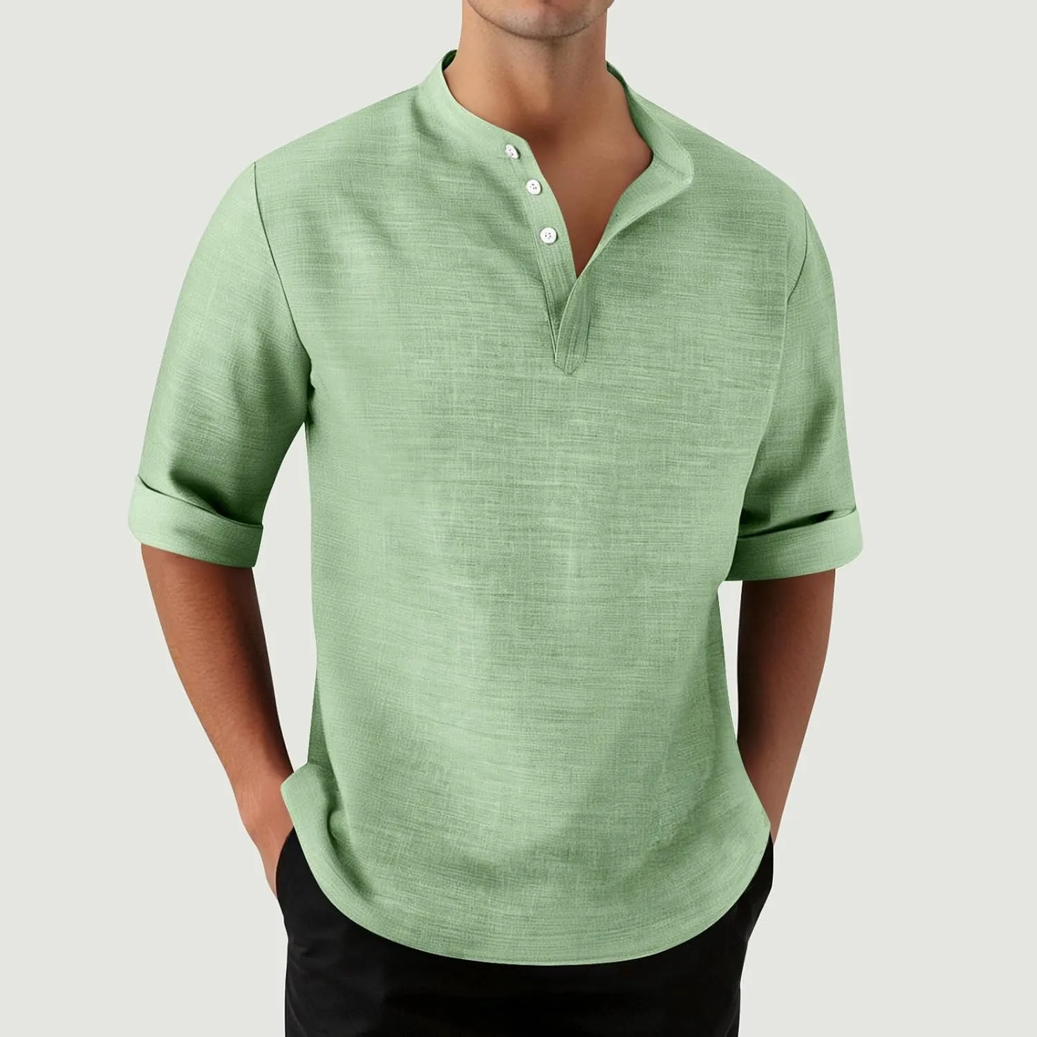 3/4 Length Sleeve Mens Shirts Casual Stylish V Neck Button Up Cotton Linen Henley Shirt Summer Beach Vacation Clothes