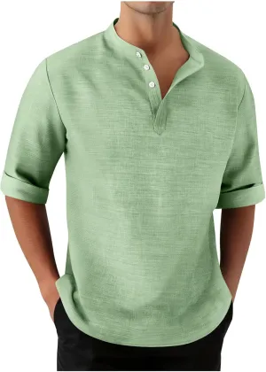 3/4 Length Sleeve Mens Shirts Casual Stylish V Neck Button Up Cotton Linen Henley Shirt Summer Beach Vacation Clothes
