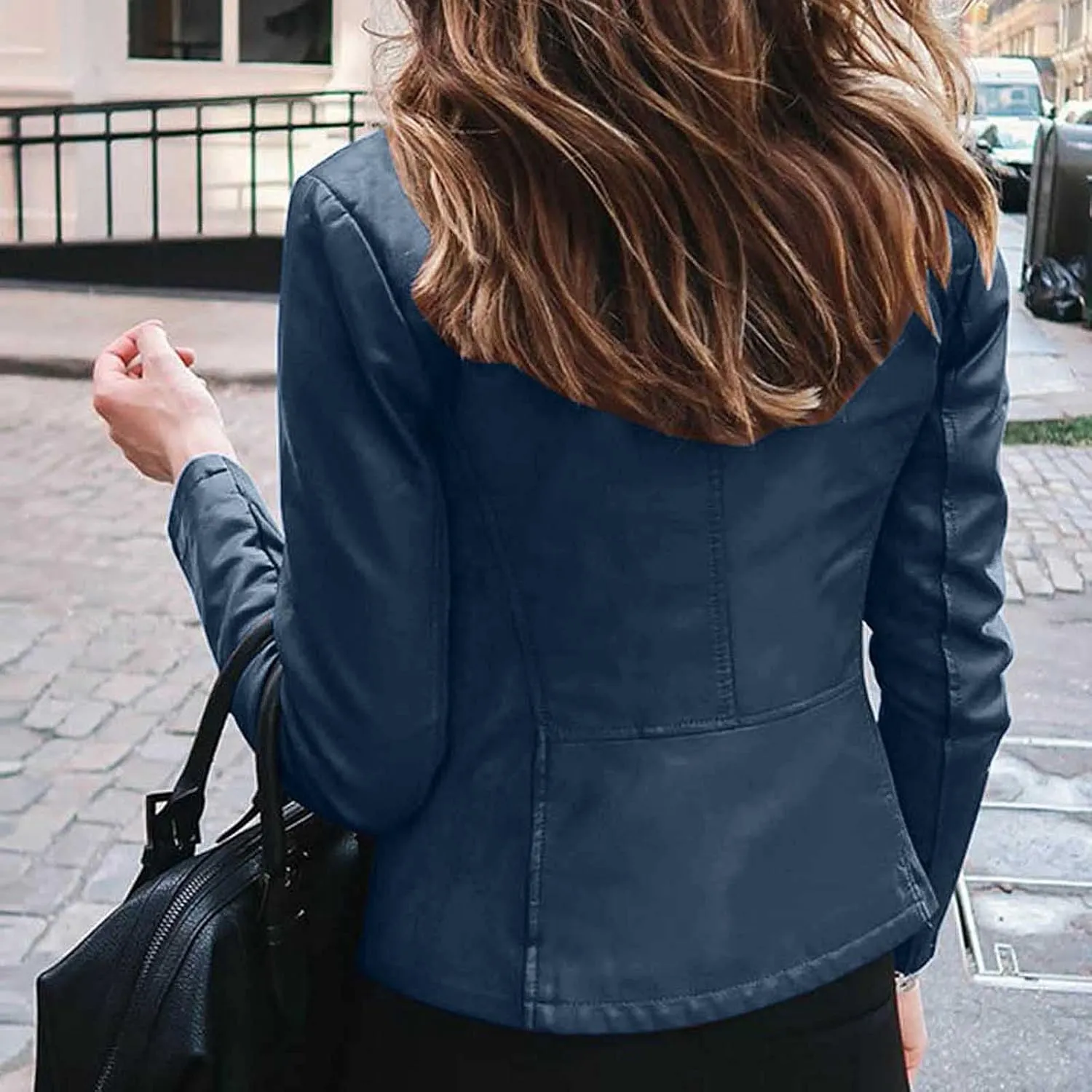 5665 Womens Winter Leather Jackets Black Zip Motorcycle Jacket Quilted Lightweight Coat Vegan Pu Leather Outerwear