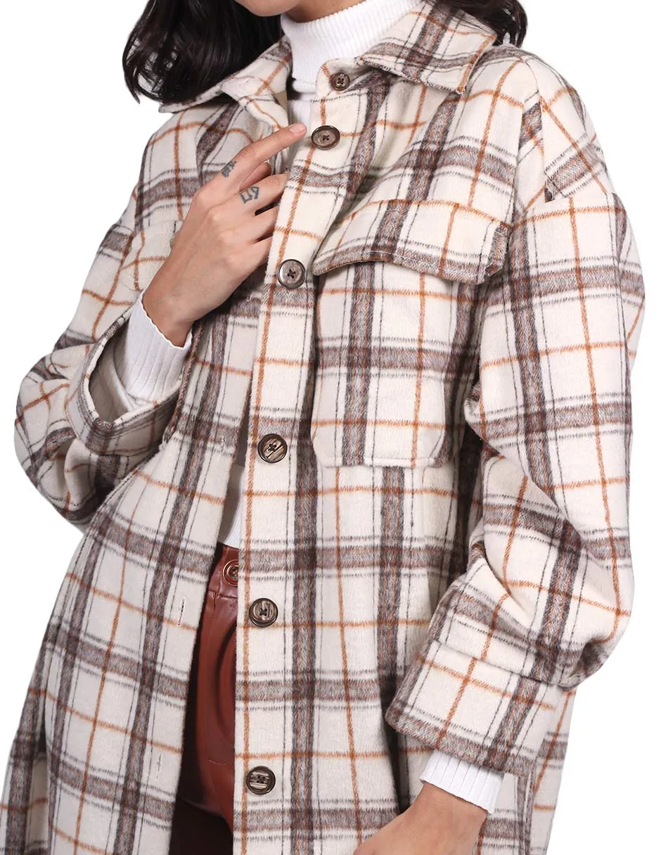 Abrigos Para Mujer Oversize Largo Cuadros Hueso T23102