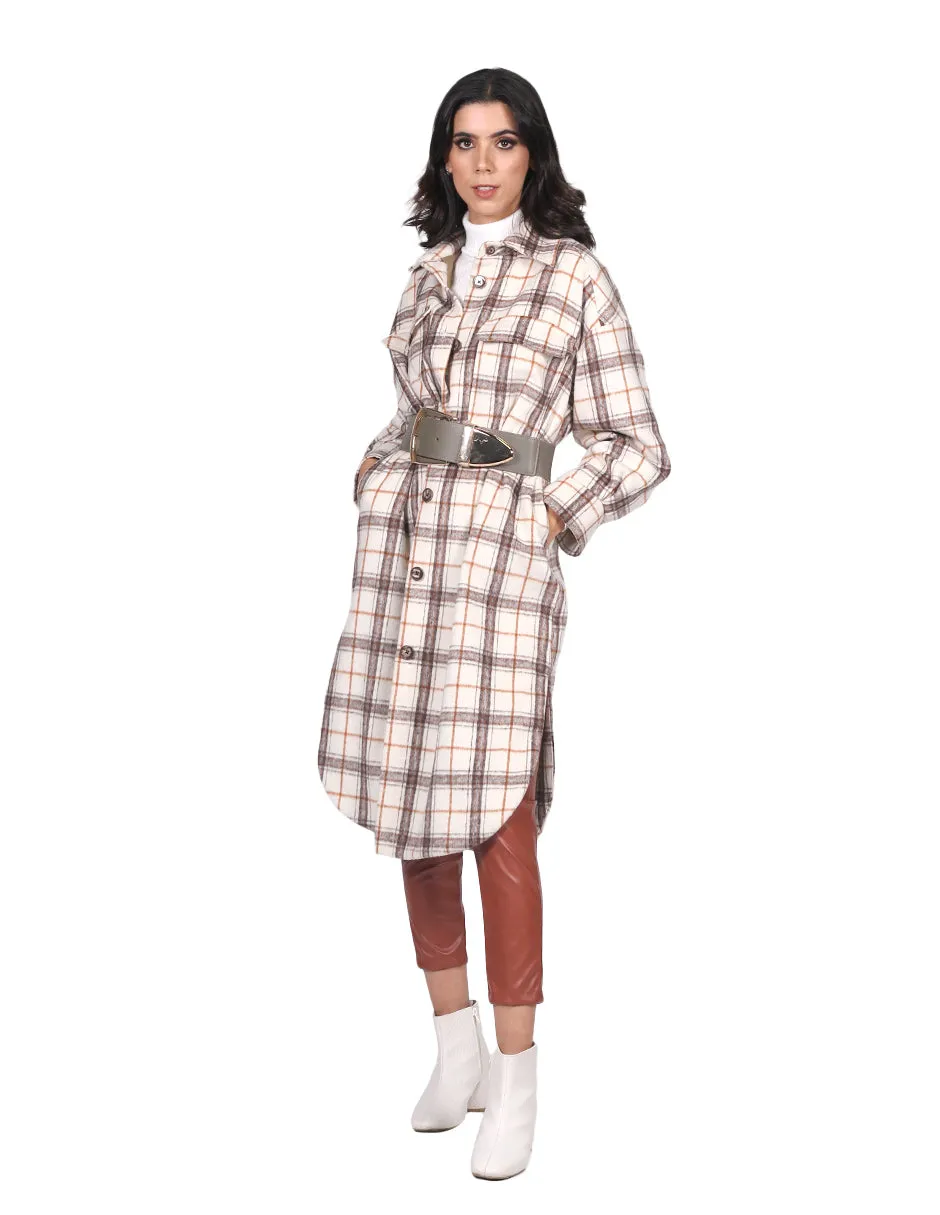 Abrigos Para Mujer Oversize Largo Cuadros Hueso T23102