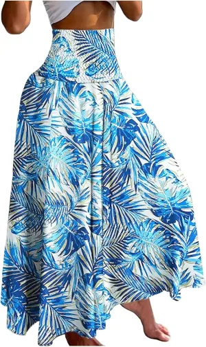 Boho Maxi Skirts for Women Floor Length Flowy Skirt Elastic High Waisted Tiered Skirts Vintage Bohemian Clothes for Ladies