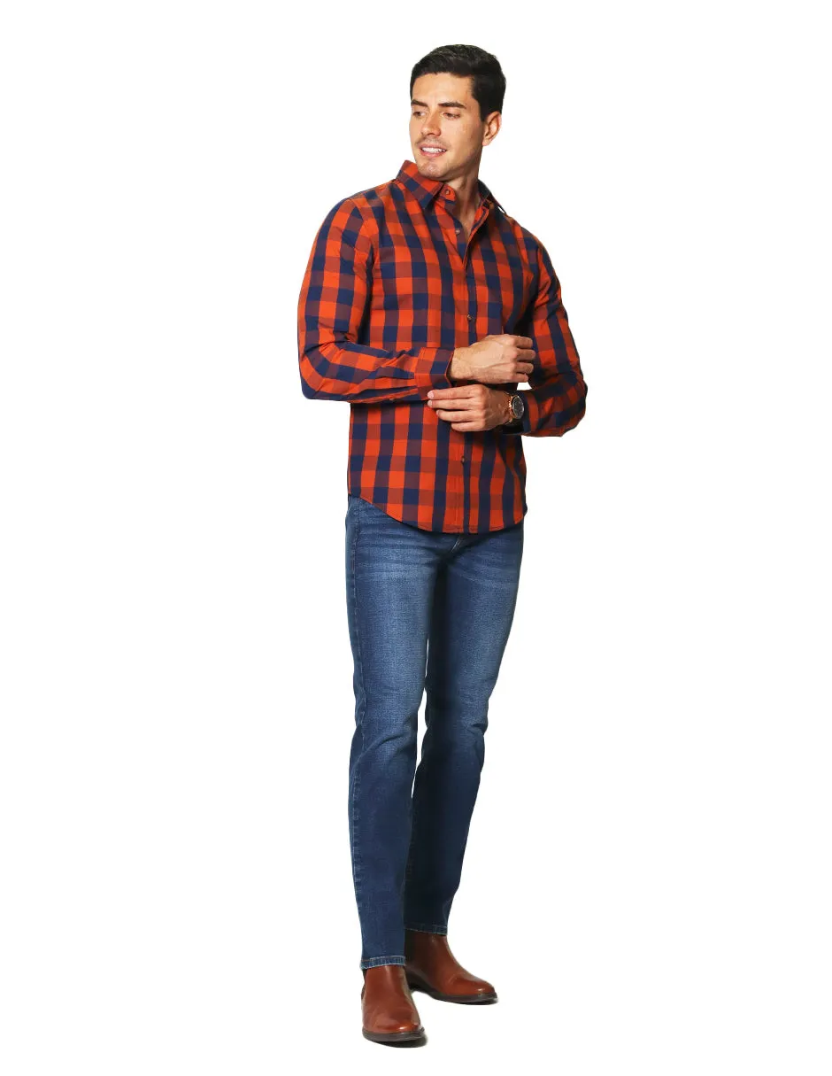 Camisas Hombre Casuales De Manga Larga Con Estampado De Cuadros De Algodón Slim Fit B35105 Ocre