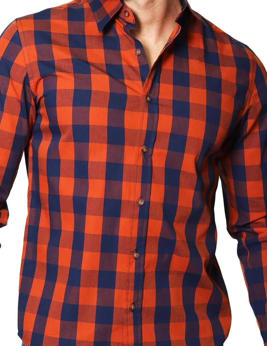 Camisas Hombre Casuales De Manga Larga Con Estampado De Cuadros De Algodón Slim Fit B35105 Ocre
