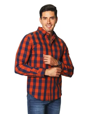 Camisas Hombre Casuales De Manga Larga Con Estampado De Cuadros De Algodón Slim Fit B35105 Ocre
