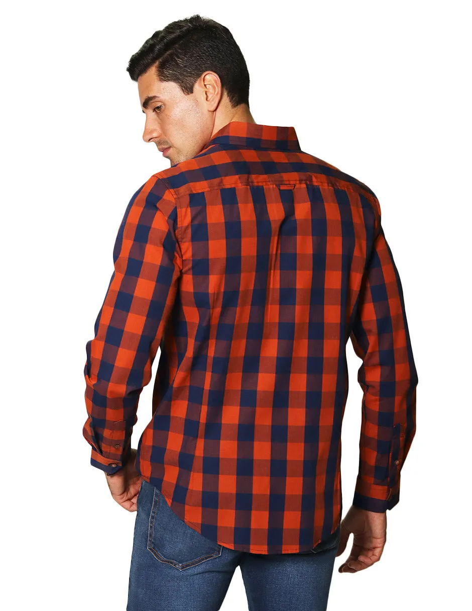 Camisas Hombre Casuales De Manga Larga Con Estampado De Cuadros De Algodón Slim Fit B35105 Ocre