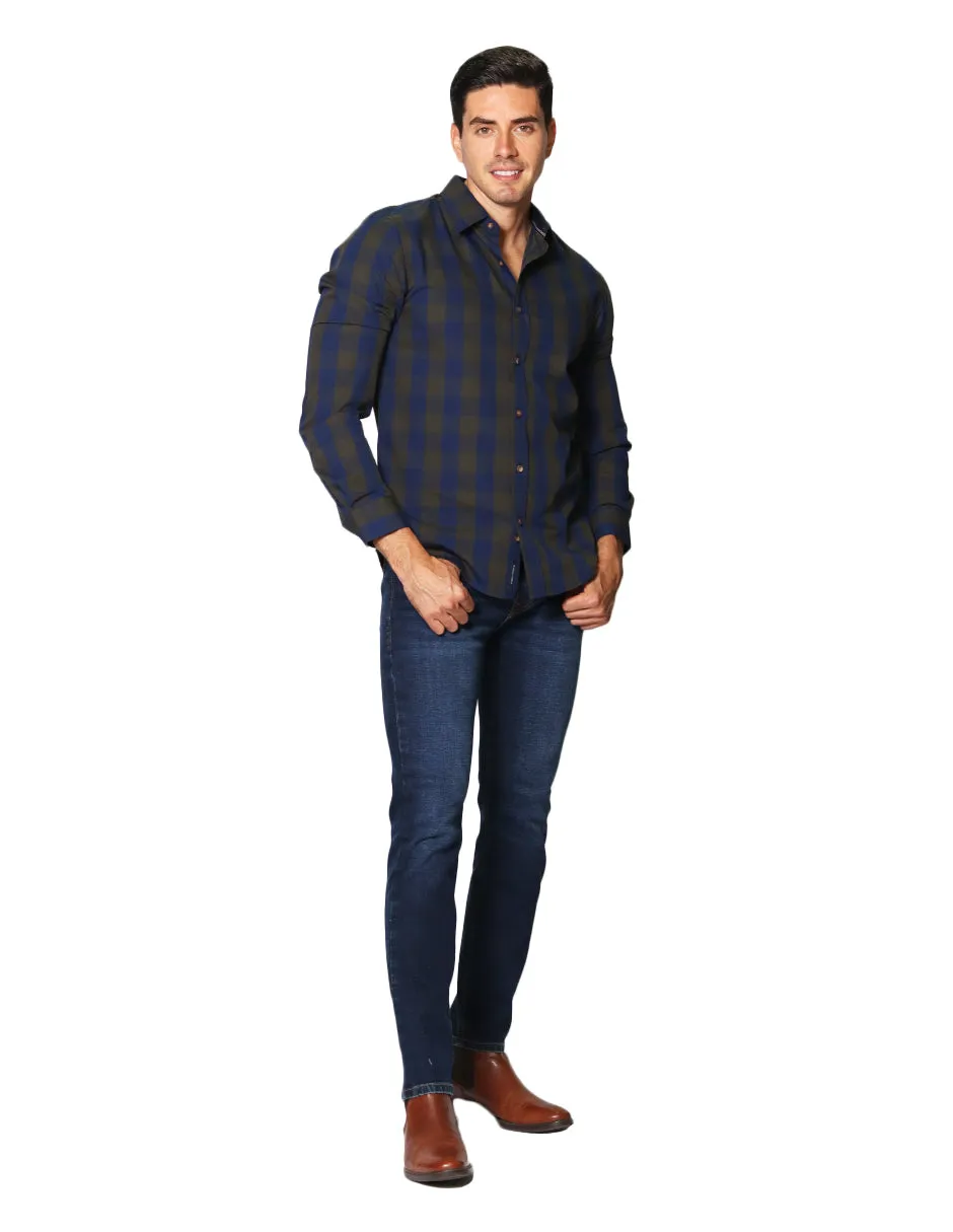 Camisas Hombre Casuales De Manga Larga Con Estampado De Cuadros De Algodón Slim Fit B35105 Olivo
