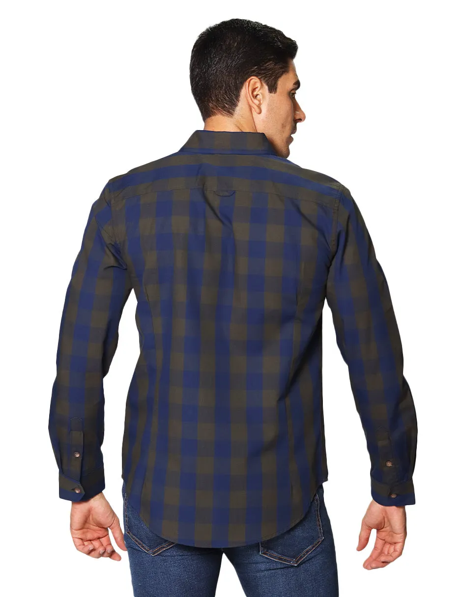 Camisas Hombre Casuales De Manga Larga Con Estampado De Cuadros De Algodón Slim Fit B35105 Olivo