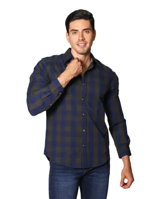 Camisas Hombre Casuales De Manga Larga Con Estampado De Cuadros De Algodón Slim Fit B35105 Olivo