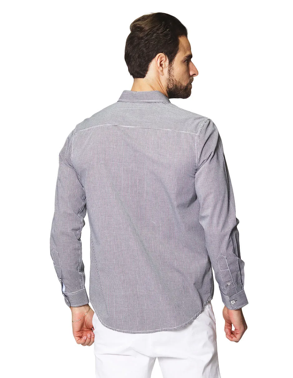 Camisas Para Hombre De Manga Larga Con Estampado De Cuadros Cuello Americano Regular Fit B41213 Negro