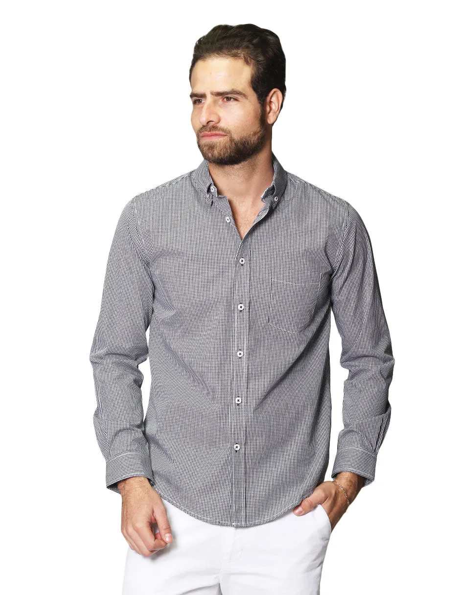 Camisas Para Hombre De Manga Larga Con Estampado De Cuadros Cuello Americano Regular Fit B41213 Negro