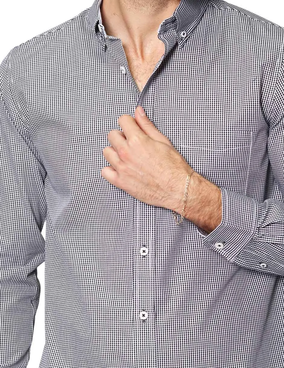 Camisas Para Hombre De Manga Larga Con Estampado De Cuadros Cuello Americano Regular Fit B41213 Negro