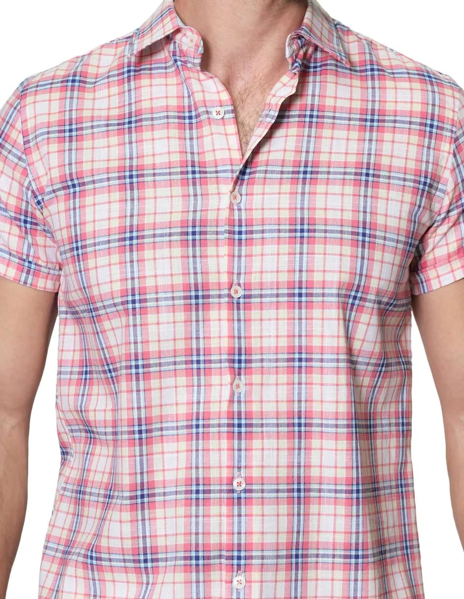 Camisas Para Hombre Manga Corta Estampado Cuadros Slim Fit B31363 Naranja