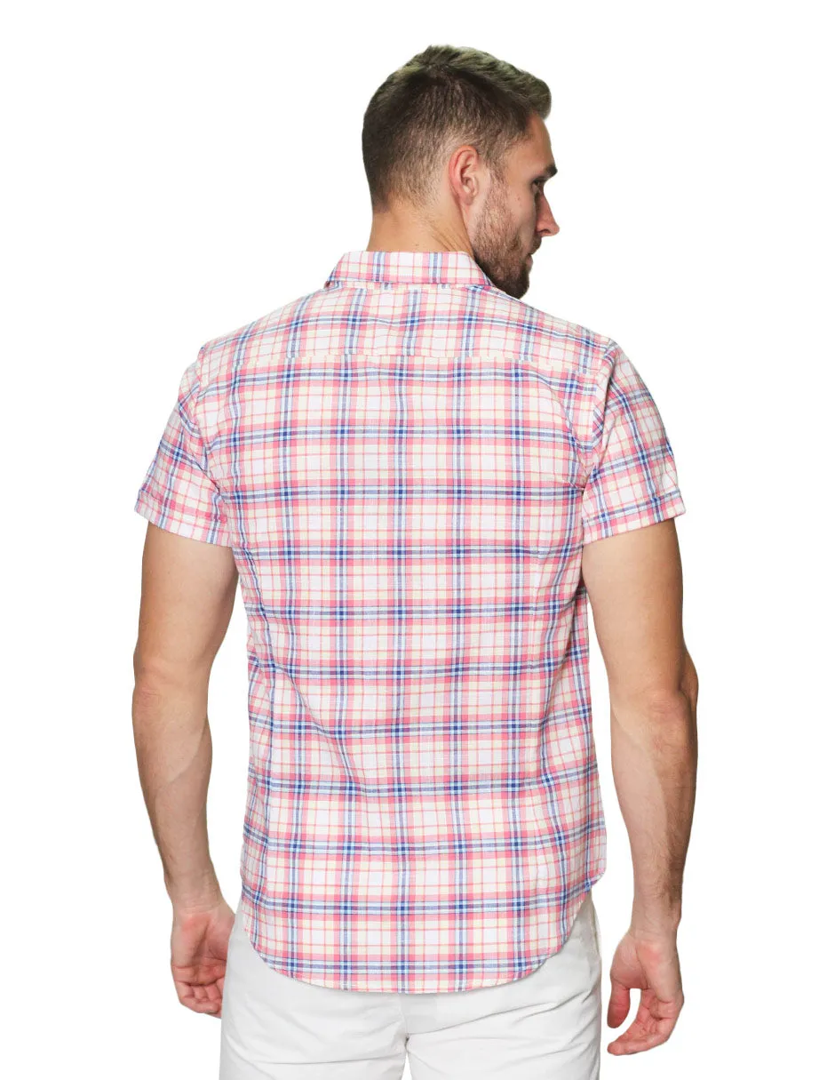 Camisas Para Hombre Manga Corta Estampado Cuadros Slim Fit B31363 Naranja