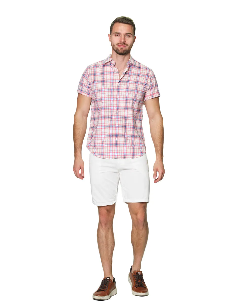 Camisas Para Hombre Manga Corta Estampado Cuadros Slim Fit B31363 Naranja