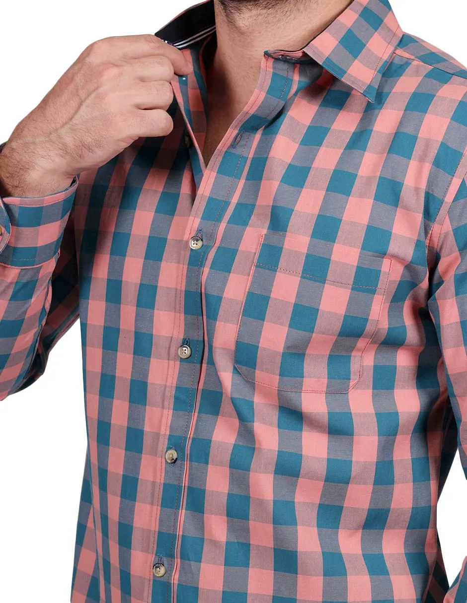 Camisas Para Hombre Manga Larga Cuadros Slim Fit Verde B25106