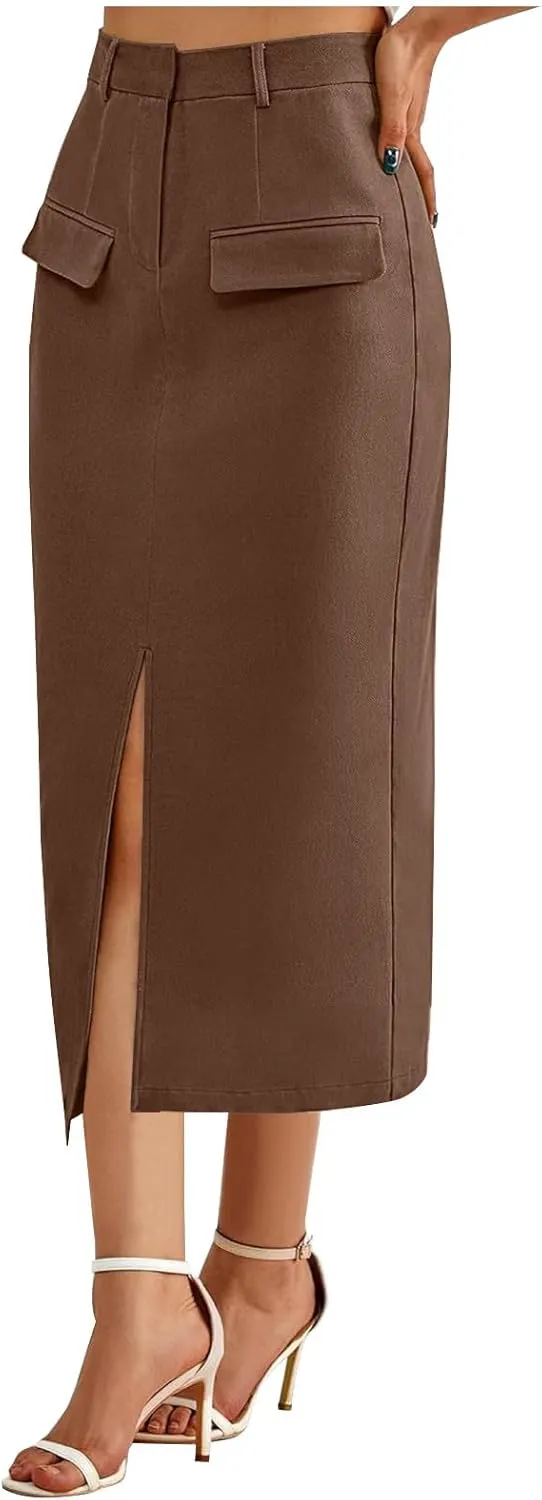 Cargo Skirts for Women High Waisted Midi Skirt Trendy Spring Summer Pencil Slit Dressy Casual Business Work Long Skirts