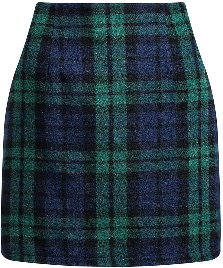 COTECRAM Plaid Mini Skirts for Women Trendy High Waisted Fall Winter Wool Bodycon Pencil Midi Skirts A-line