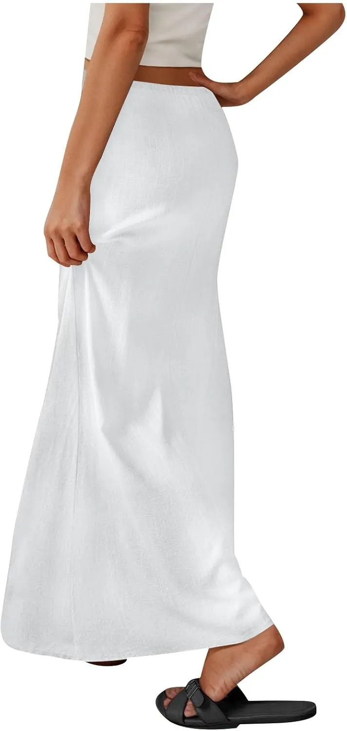 Cotton Linen Maxi Skirts for Women 2025 Drawstring Elastic High Rise Dress A Line Cute Vacation Boho Long Flowy Skirts