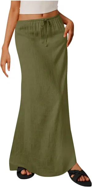 Cotton Linen Maxi Skirts for Women 2025 Drawstring Elastic High Rise Dress A Line Cute Vacation Boho Long Flowy Skirts