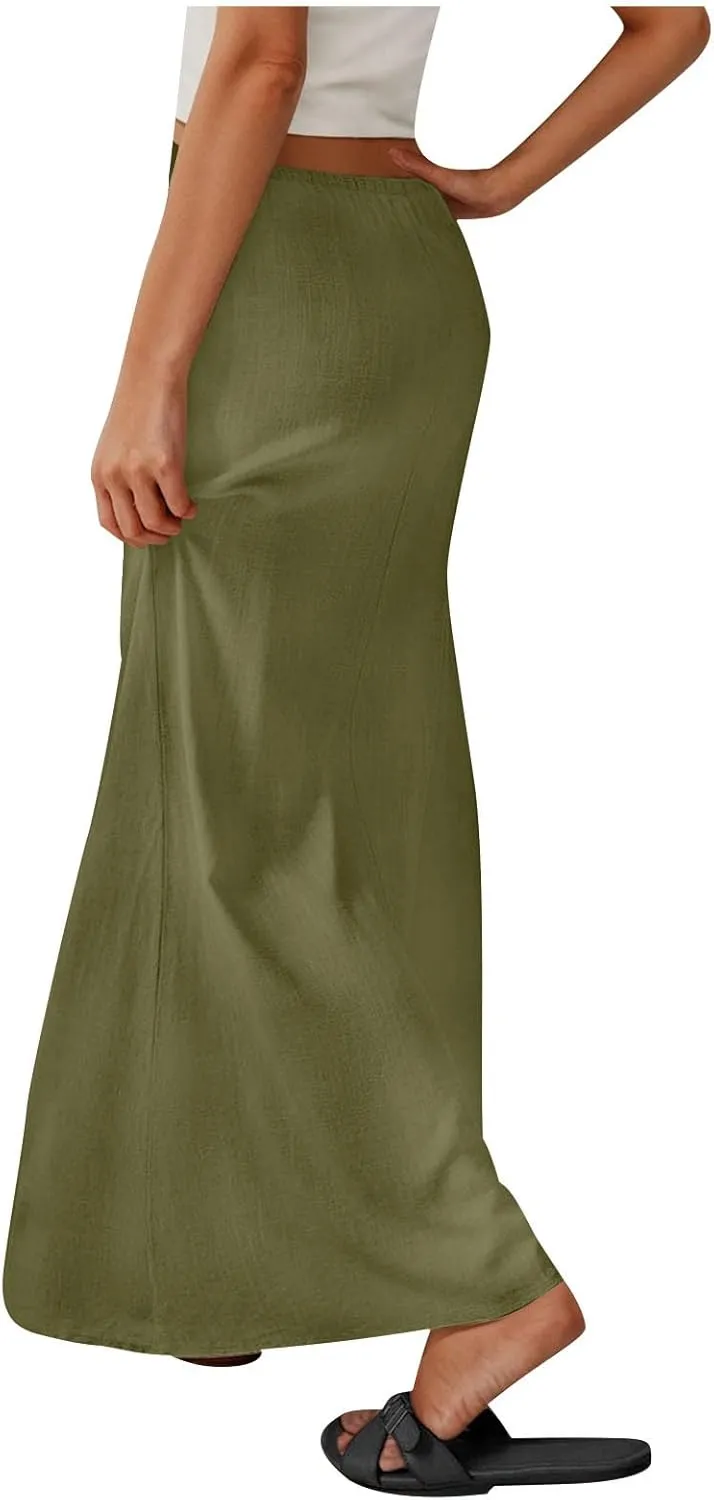 Cotton Linen Maxi Skirts for Women 2025 Drawstring Elastic High Rise Dress A Line Cute Vacation Boho Long Flowy Skirts