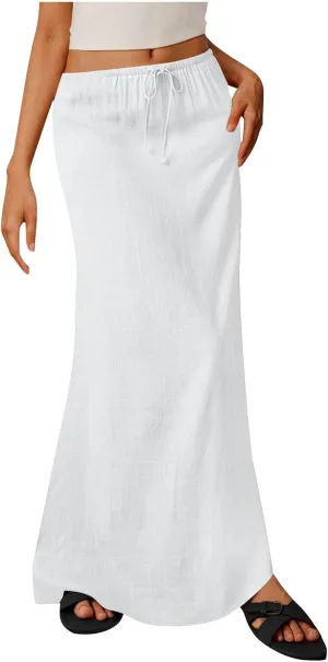 Cotton Linen Maxi Skirts for Women 2025 Drawstring Elastic High Rise Dress A Line Cute Vacation Boho Long Flowy Skirts