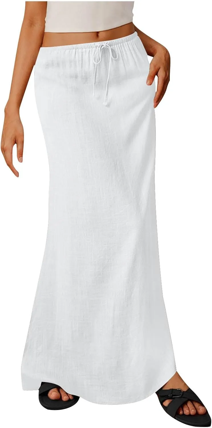 Cotton Linen Maxi Skirts for Women 2025 Drawstring Elastic High Rise Dress A Line Cute Vacation Boho Long Flowy Skirts
