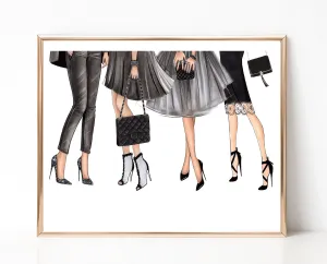 Fashionista girls in black outfits art print fashion illustration