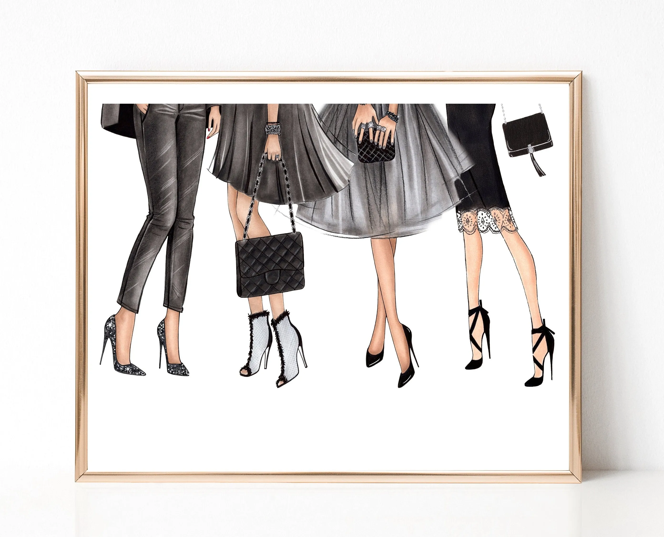Fashionista girls in black outfits art print fashion illustration