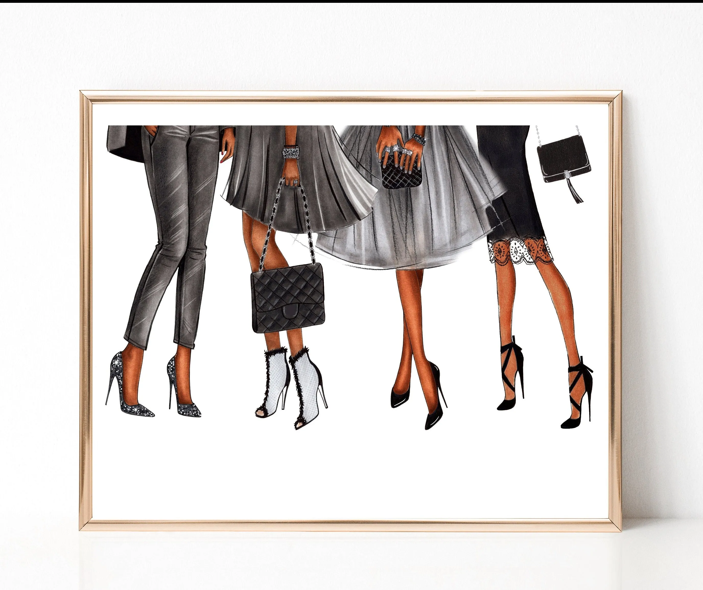 Fashionista girls in black outfits art print fashion illustration