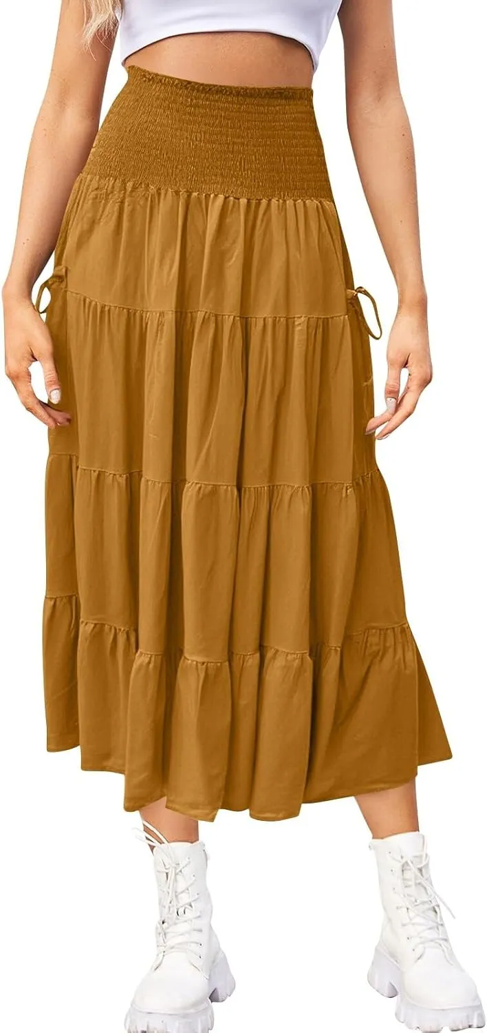 Floral Maxi Skirt for Women Summer Comfy Tiered Elastic High Waisted Skirts 2025 Vacation A-Line Flowy Swing Long Skirts
