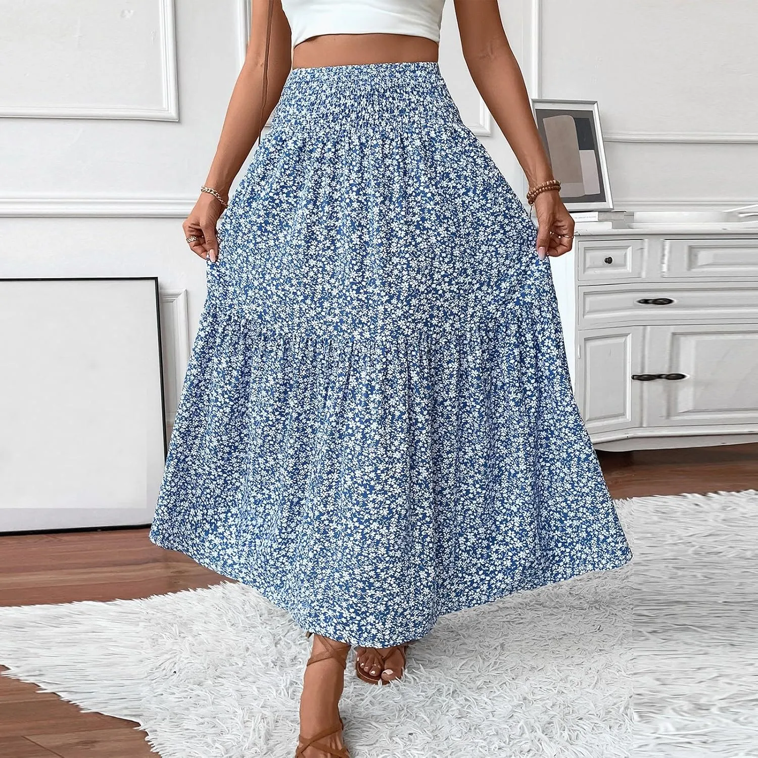 Floral Maxi Skirts for Women 2025 Boho Smocked High Waisted Aline Long Skirts Summer Vacation Beach Skirt with Pocket