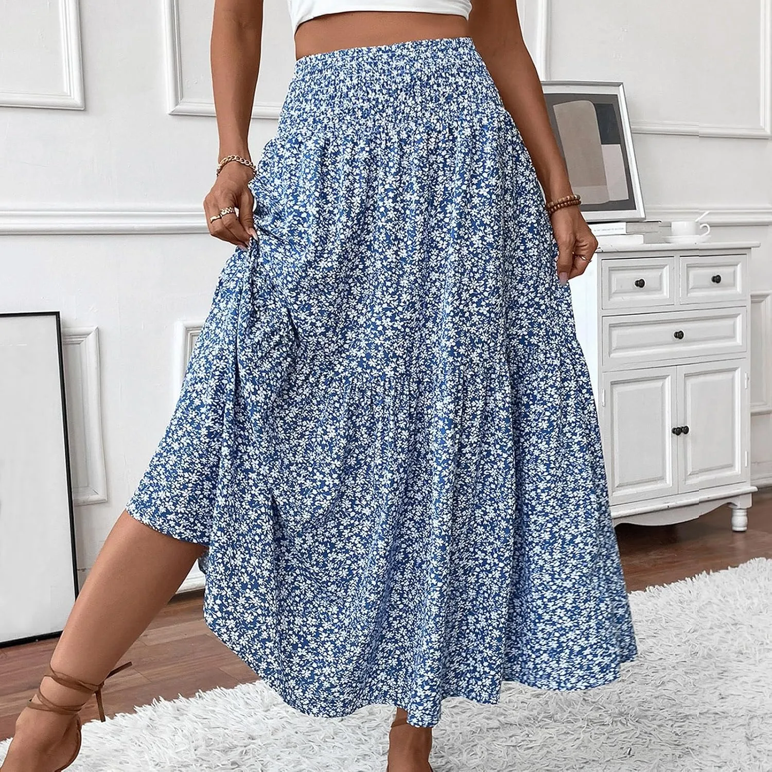 Floral Maxi Skirts for Women 2025 Boho Smocked High Waisted Aline Long Skirts Summer Vacation Beach Skirt with Pocket