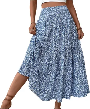 Floral Maxi Skirts for Women 2025 Boho Smocked High Waisted Aline Long Skirts Summer Vacation Beach Skirt with Pocket