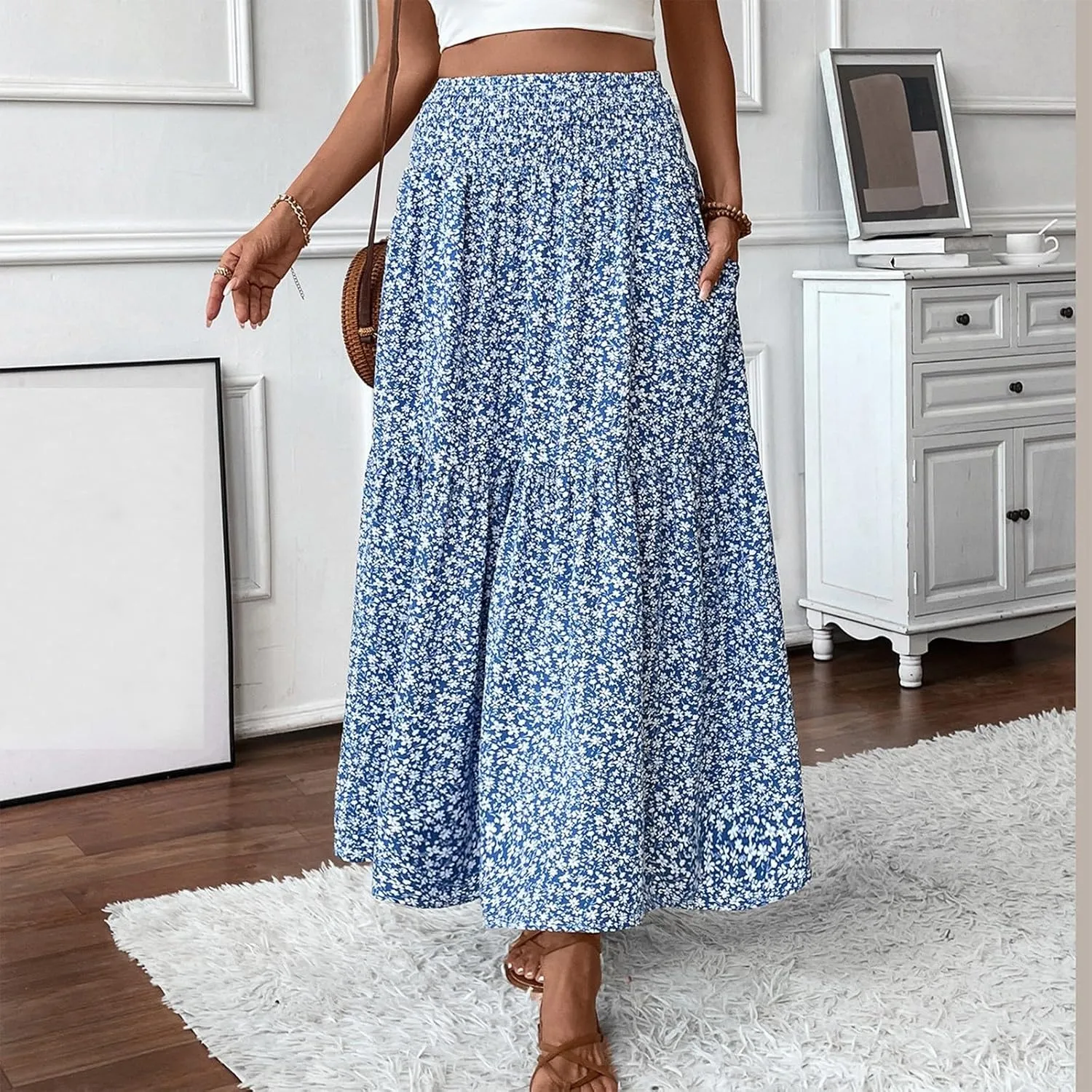 Floral Maxi Skirts for Women 2025 Boho Smocked High Waisted Aline Long Skirts Summer Vacation Beach Skirt with Pocket