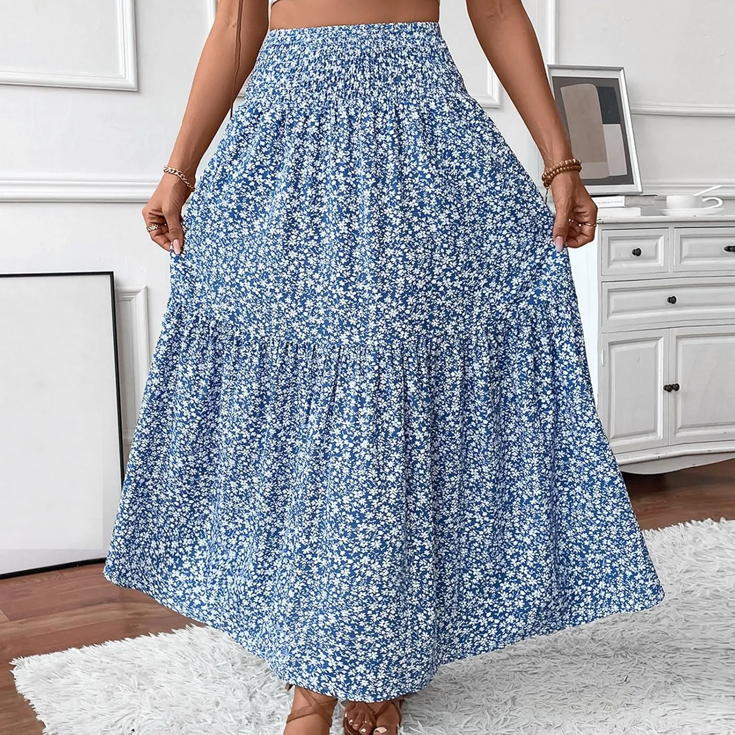 Floral Maxi Skirts for Women 2025 Boho Smocked High Waisted Aline Long Skirts Summer Vacation Beach Skirt with Pocket