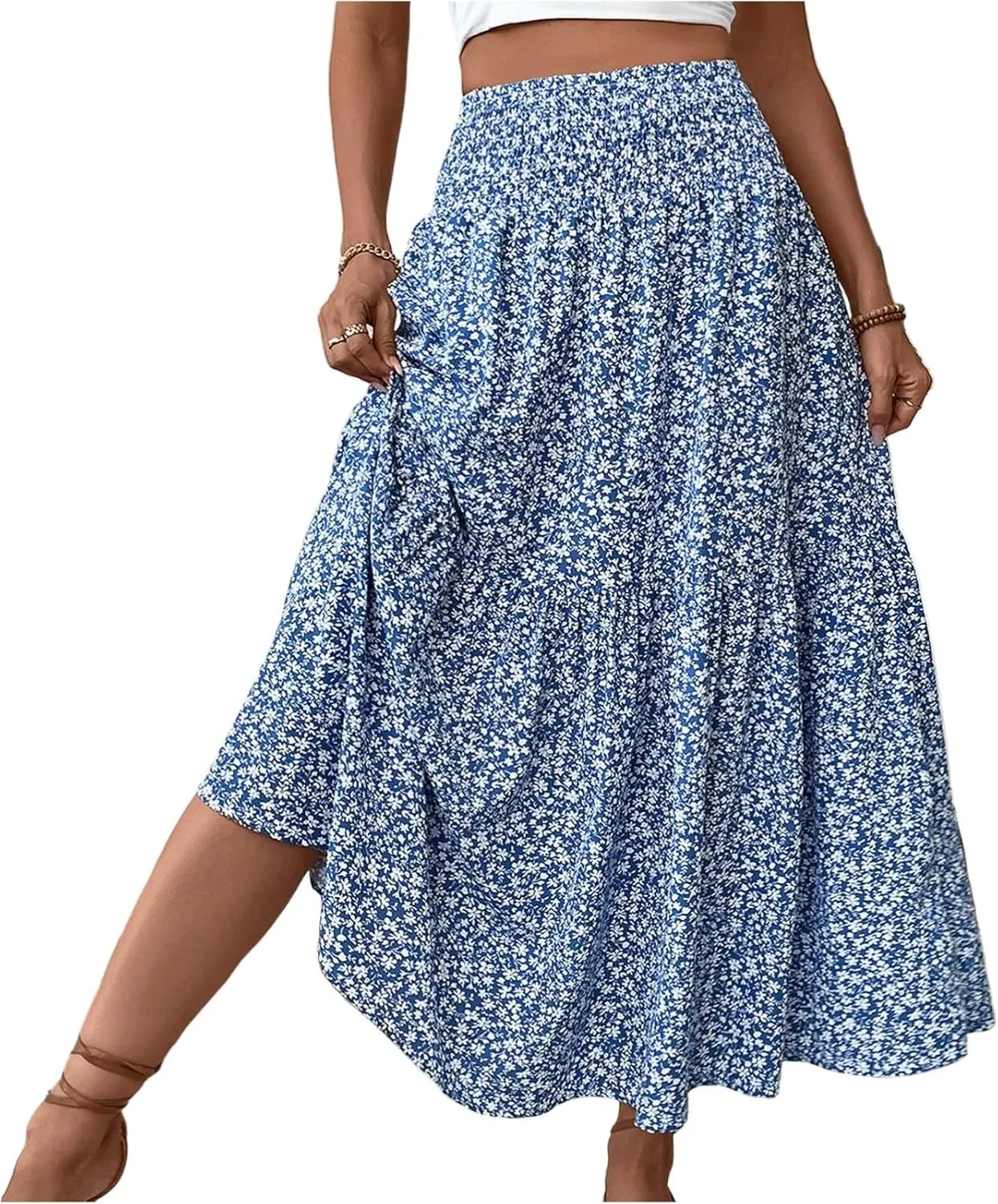 Floral Maxi Skirts for Women 2025 Boho Smocked High Waisted Aline Long Skirts Summer Vacation Beach Skirt with Pocket
