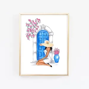 Girl and Greek Blue door art print
