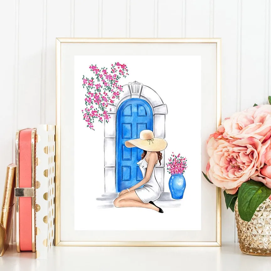 Girl and Greek Blue door art print