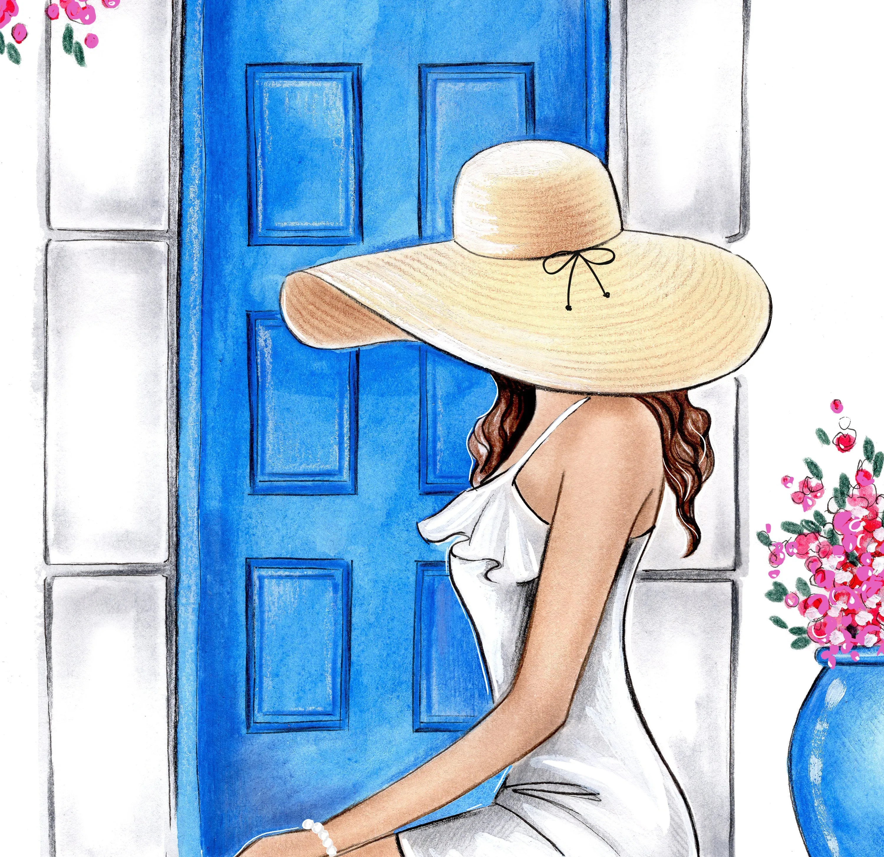 Girl and Greek Blue door art print