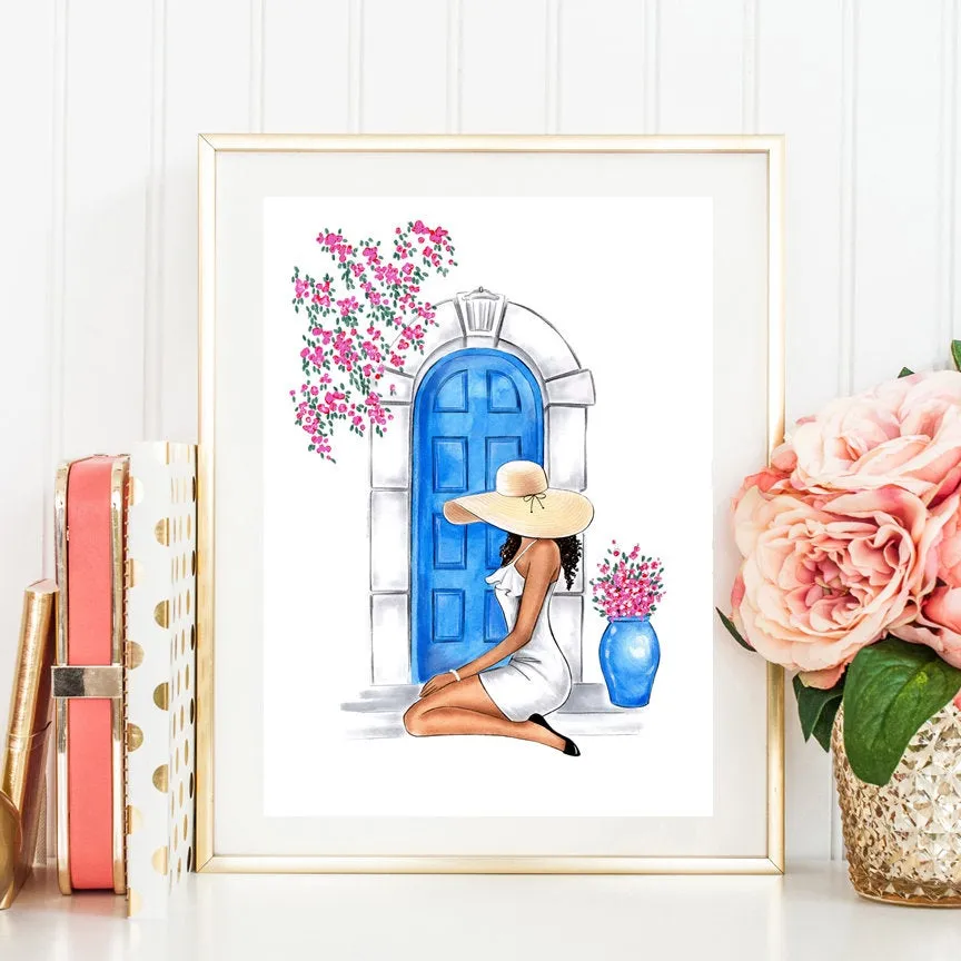 Girl and Greek Blue door art print