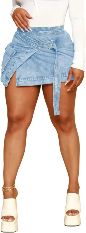 HTD Women's Mini Denim Skirts Sexy Short Jean Skirt Irregular with Pockets