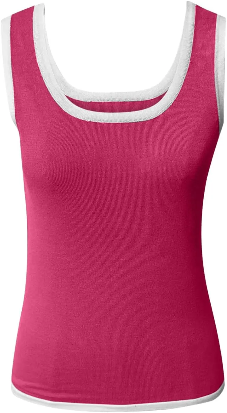 Knit Tank Tops for Women Summer Racer Back White Trim Vest Crewneck Sleeveless Tops Light Track Breathable Shirts