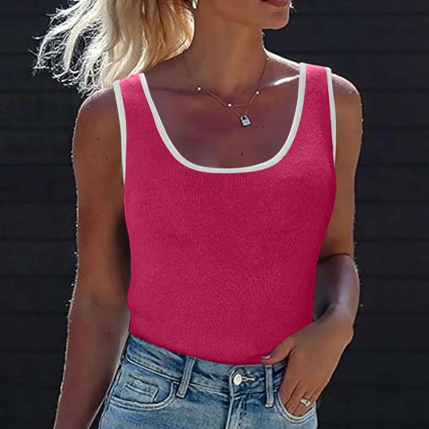 Knit Tank Tops for Women Summer Racer Back White Trim Vest Crewneck Sleeveless Tops Light Track Breathable Shirts