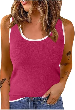Knit Tank Tops for Women Summer Racer Back White Trim Vest Crewneck Sleeveless Tops Light Track Breathable Shirts