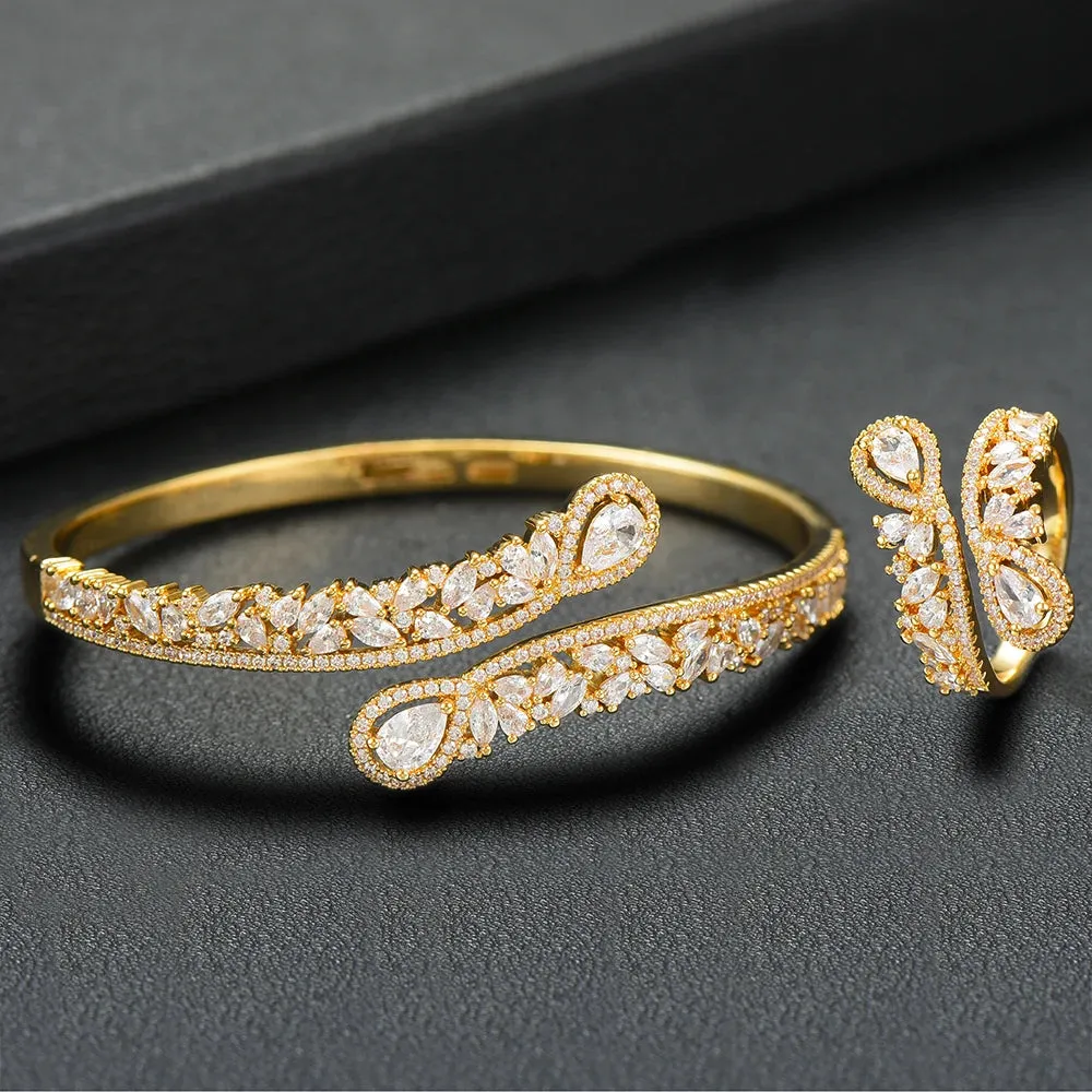 Luxury finely Peacock tail Bangle Ring Sets for Women Wedding Dubai Bridal Bangle Ring Sets
