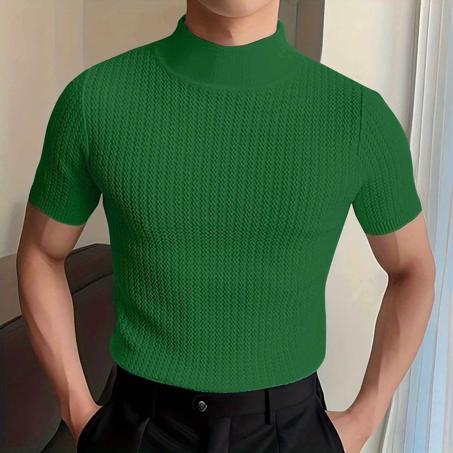 Men's Mock Turtleneck Sweater Short Sleeve Casual Basic Tops Jacquard Knit Pullover Tee Fitted Textured Undershirts