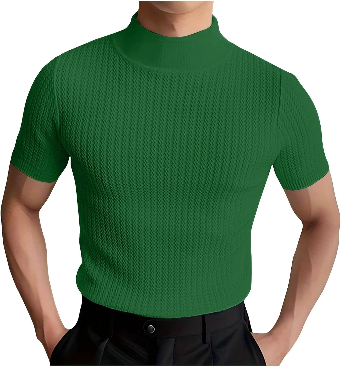 Men's Mock Turtleneck Sweater Short Sleeve Casual Basic Tops Jacquard Knit Pullover Tee Fitted Textured Undershirts
