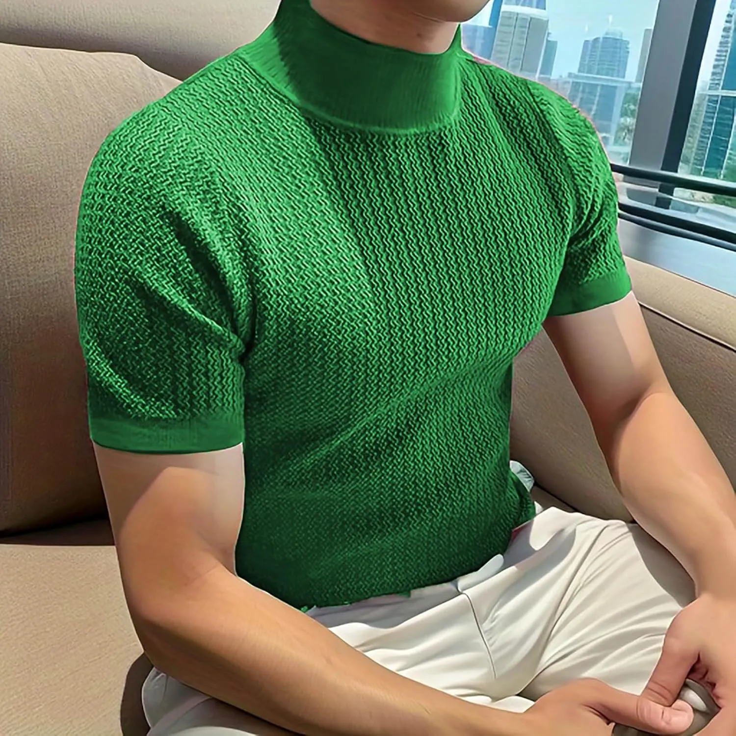 Men's Mock Turtleneck Sweater Short Sleeve Casual Basic Tops Jacquard Knit Pullover Tee Fitted Textured Undershirts