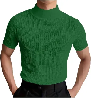 Men's Mock Turtleneck Sweater Short Sleeve Casual Basic Tops Jacquard Knit Pullover Tee Fitted Textured Undershirts